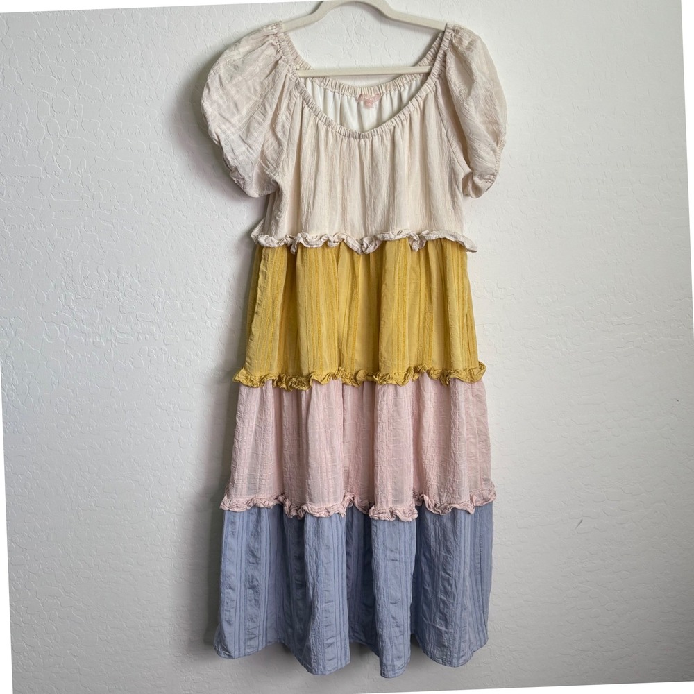 Lovecolette Women Multicolor‎ Tiered Puff Sleeve Midi Dress Boho SZ Small
